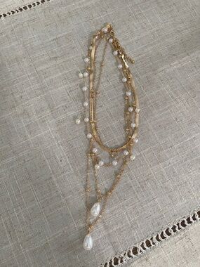 Gold Multi-Strand faux costume Pearl Drop Necklace